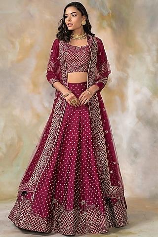 wine hand embroidered lehenga set