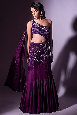 wine hand embroidered one-shoulder fish-cut gown