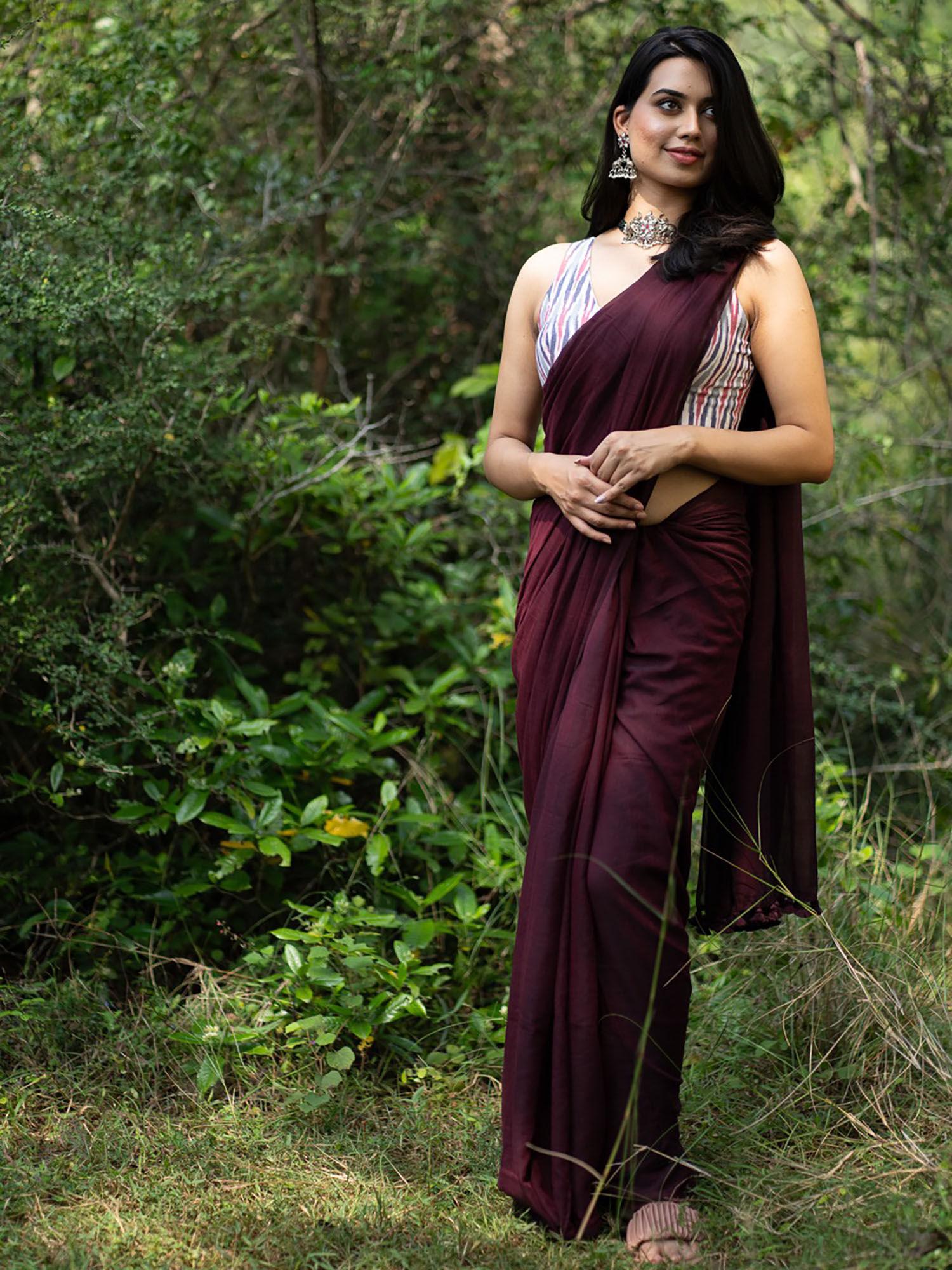 wine handloom cotton saree with tassels