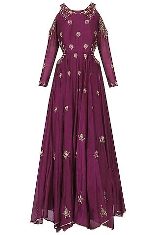 wine handwoven chanderi sequins embroidered gown for girls