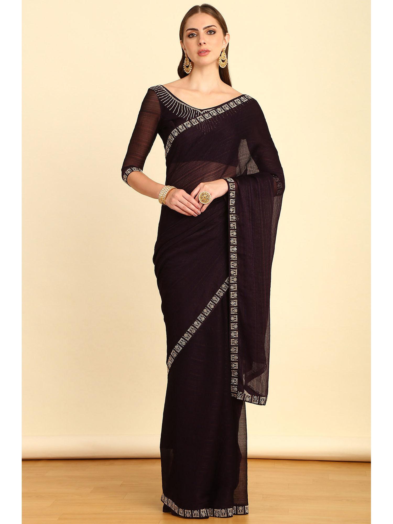 wine horizontal striped chiffon saree with stone embellishment with unstitched blouse