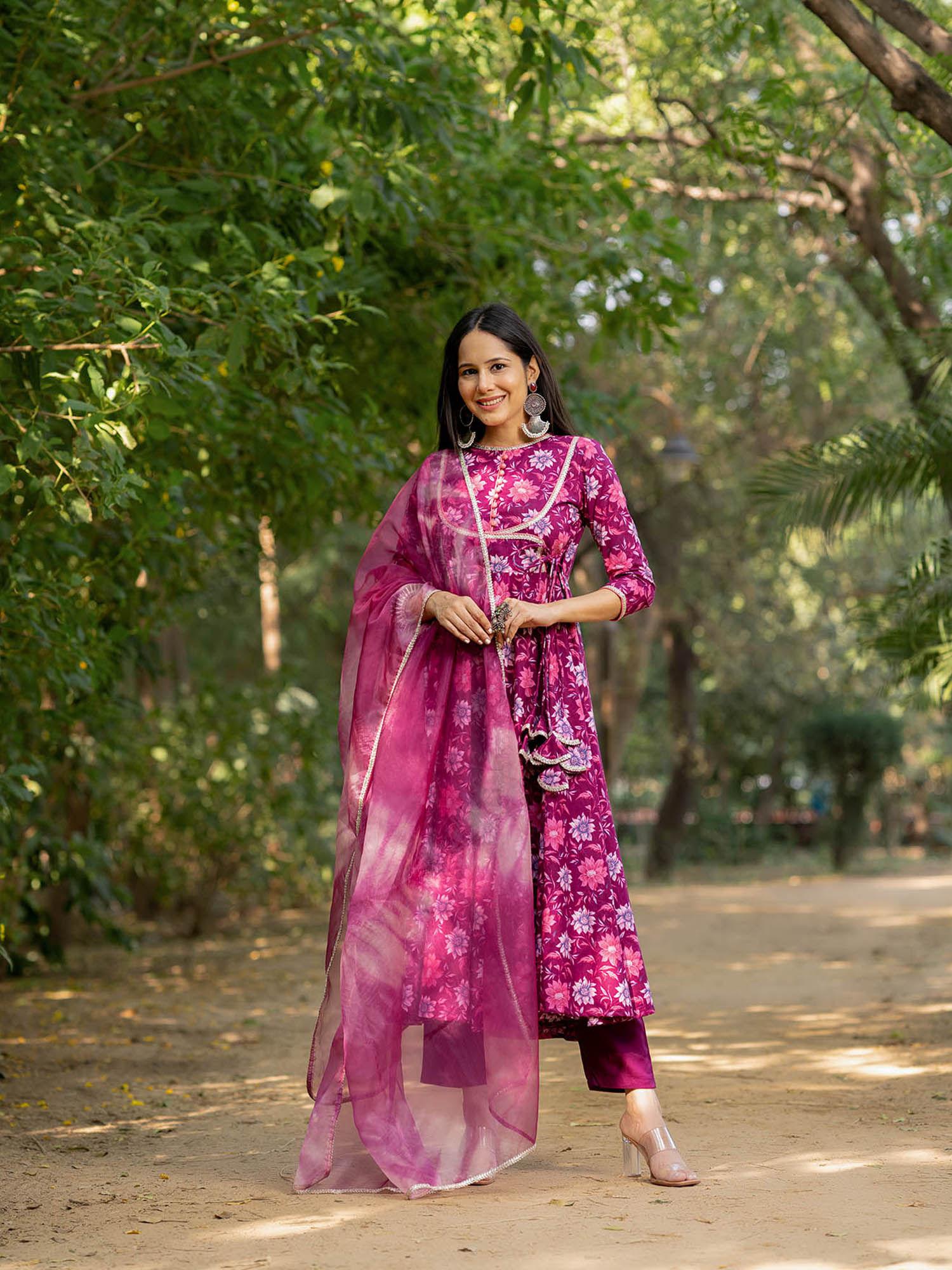 wine hued floral angarkha kurta with pant & dupatta (set of 3)