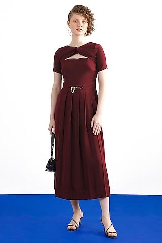 wine japanese crepe midi dress