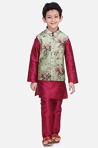wine kurta set with printed nehru jacket for boys