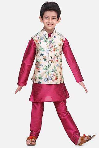 wine kurta set with white nehru jacket for boys