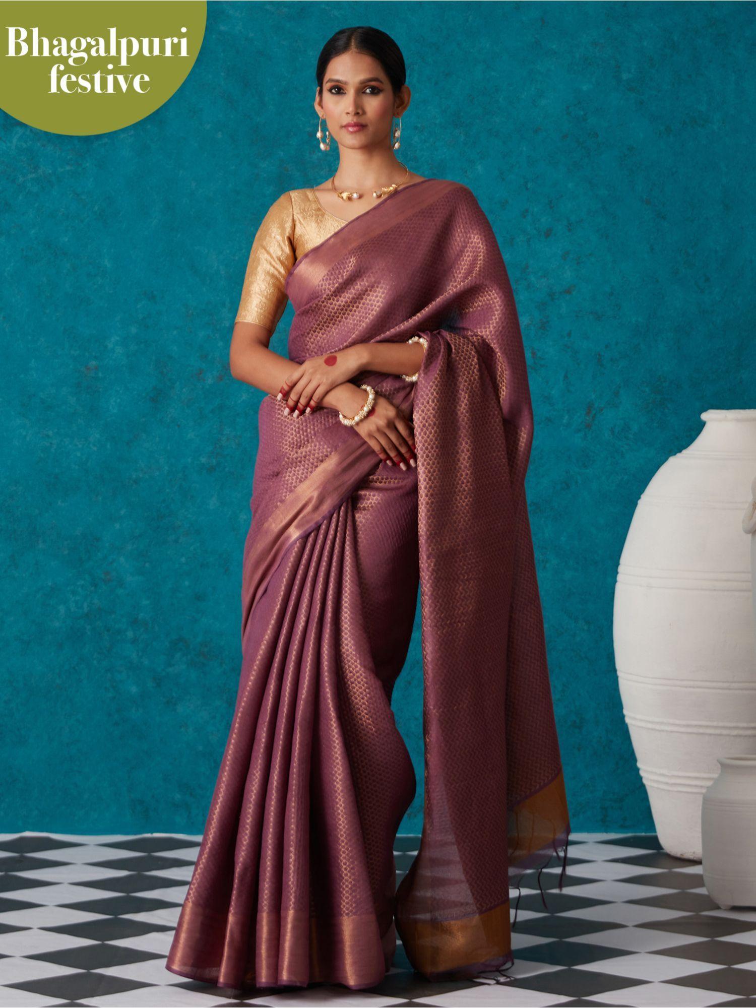 wine linen woven bhagalpuri festive zari saree & unstitched blouse