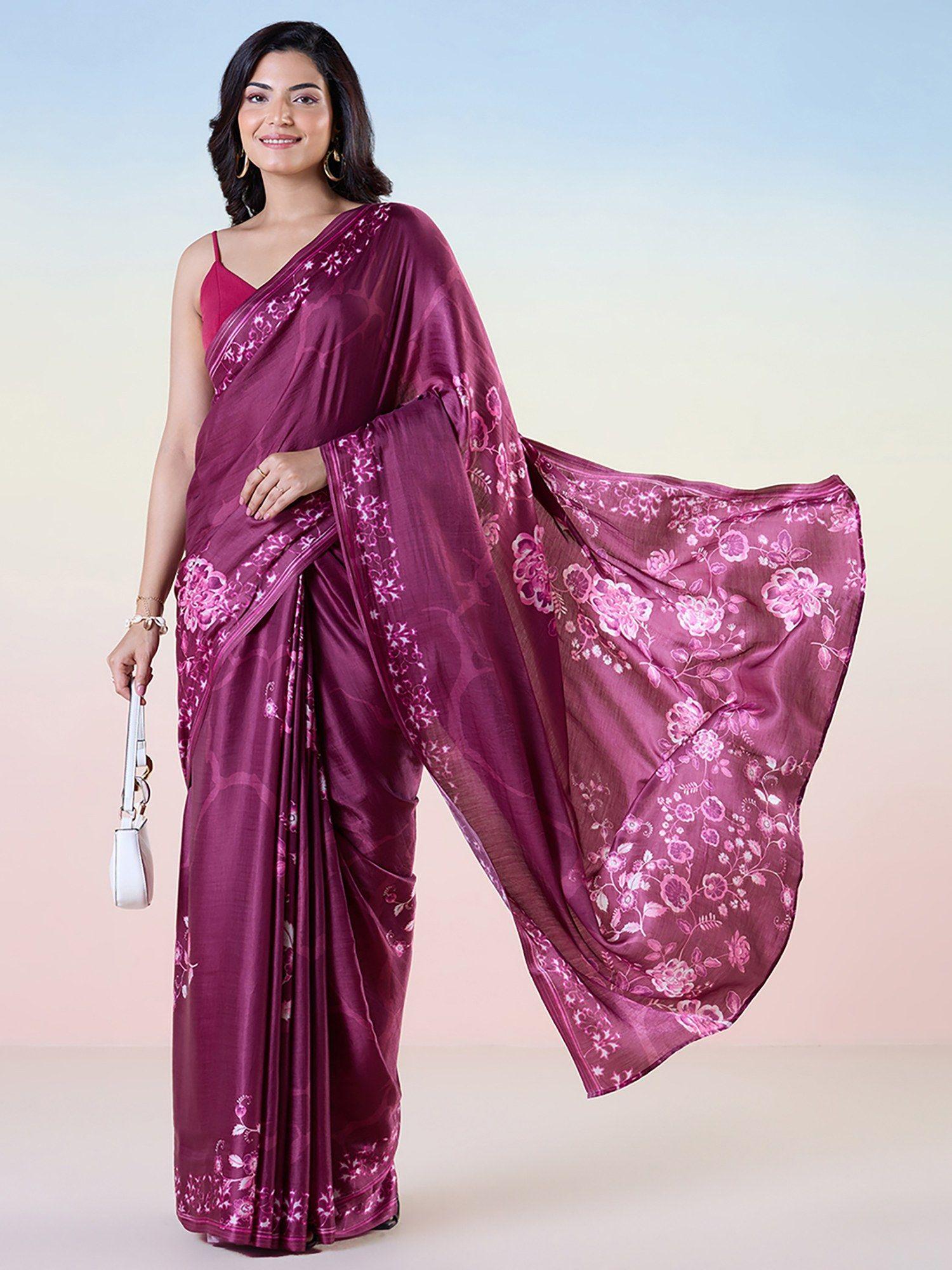 wine liva satin lite floral print saree with unstitched blouse