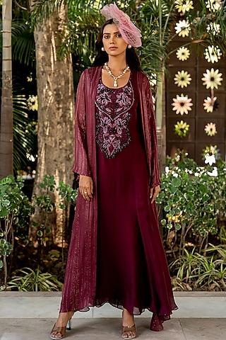 wine lurex & crepe thread embroidered jacket dress