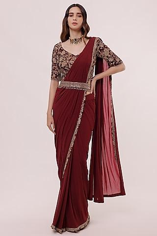 wine lycra net embellished pre-stitched saree set