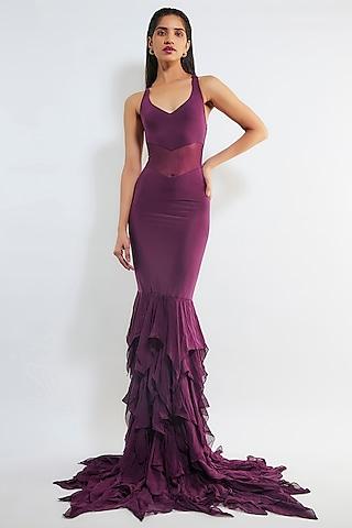 wine malai lycra & chiffon ruffled mermaid cut dress