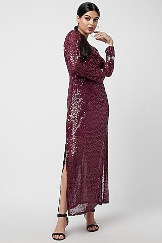 wine mesh embellished sheer maxi dress