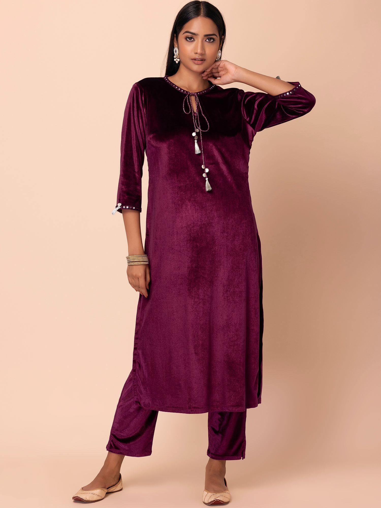 wine mirror lace velvet straight kurta