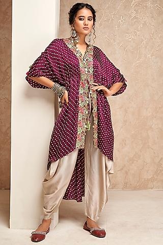 wine modal satin & crepe printed cape set