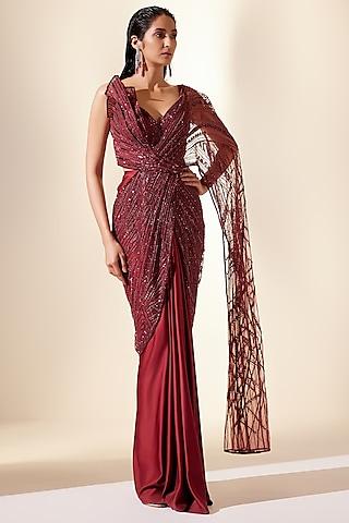 wine net & dupion silk structured draped saree set