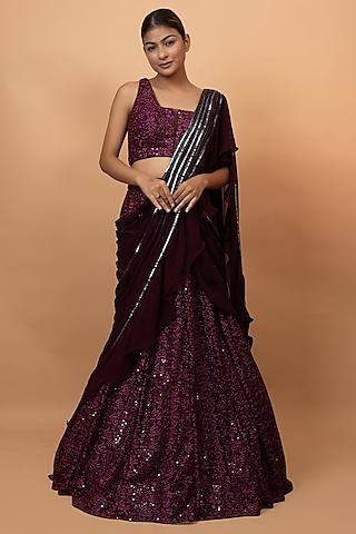 wine net cutdana & metallic sequins embroidered draped lehenga saree set