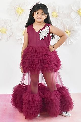 wine net embroidered gown for girls
