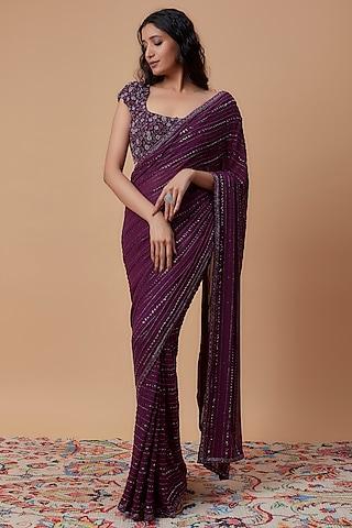 wine net embroidered saree set