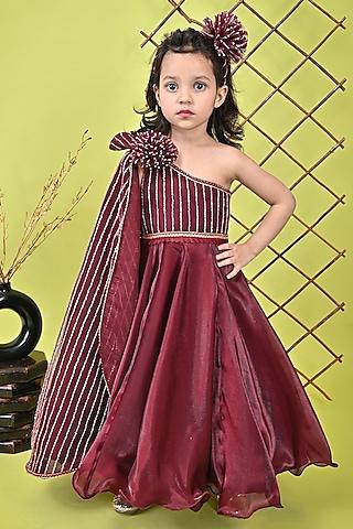 wine organza & net embroidered dress for girls