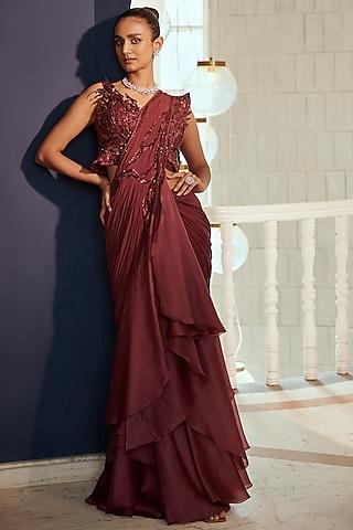 wine organza embroidered draped saree set