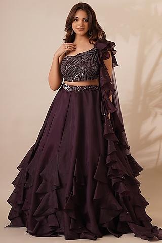 wine organza lehenga set