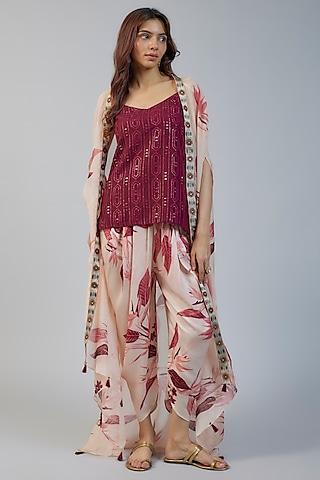 wine organza printed cape set