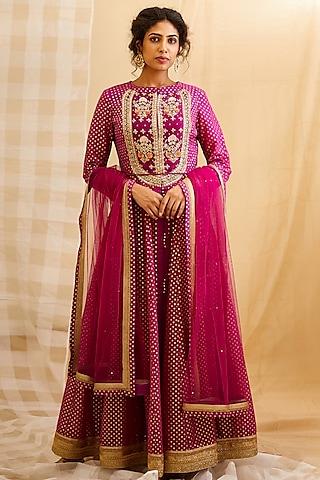 wine pink silk anarkali set