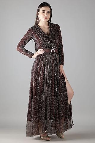 wine pleated fabric foil printed dress