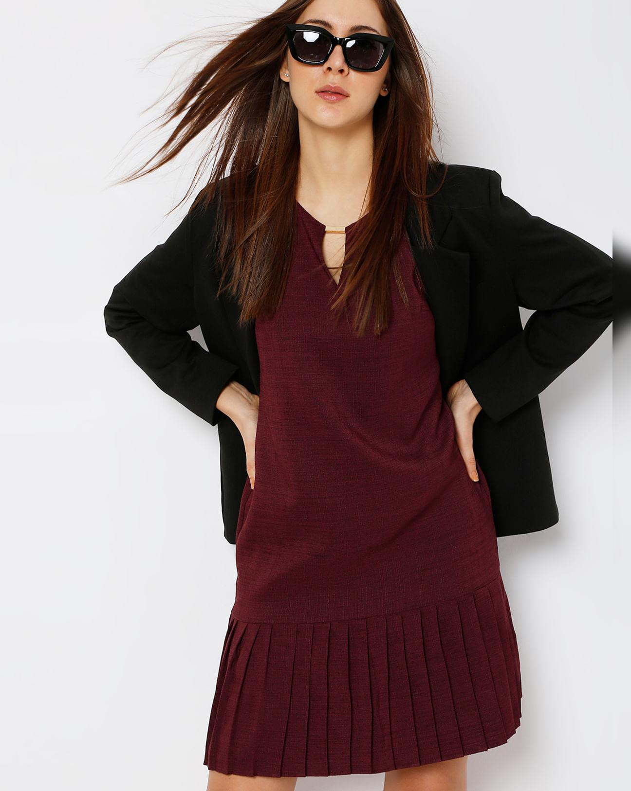 wine pleated fit & flare dress