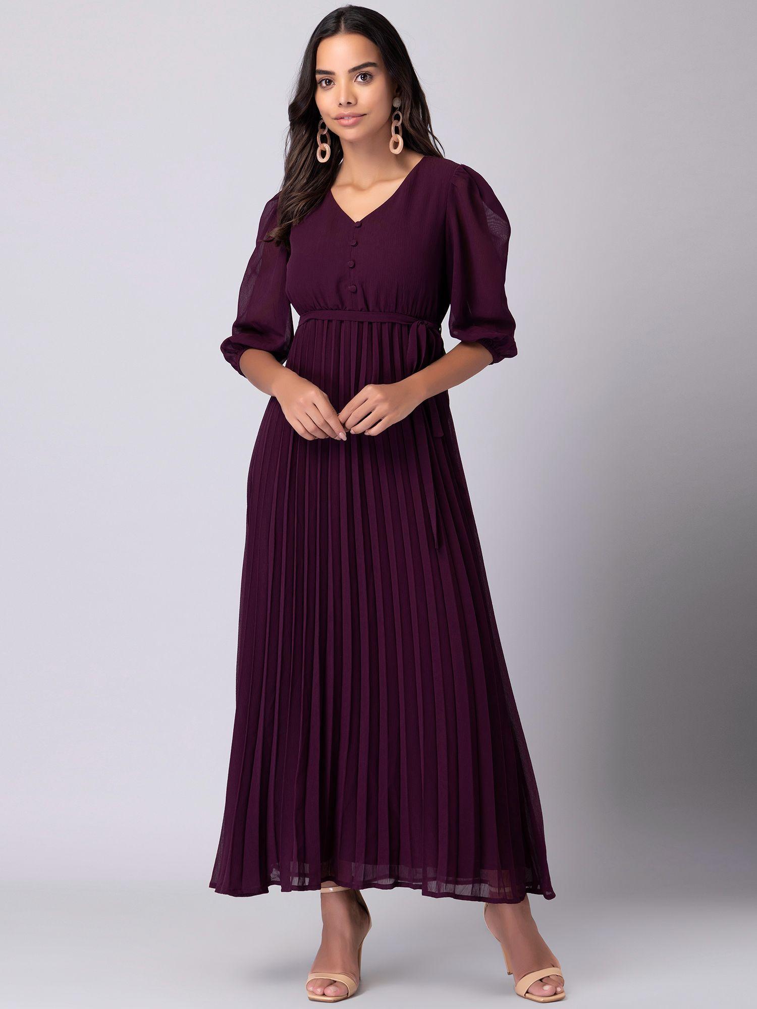 wine pleated maxi dress with self fabric belt (set of 2)