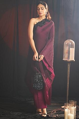 wine pleated silk embroidered off-shoulder cape set