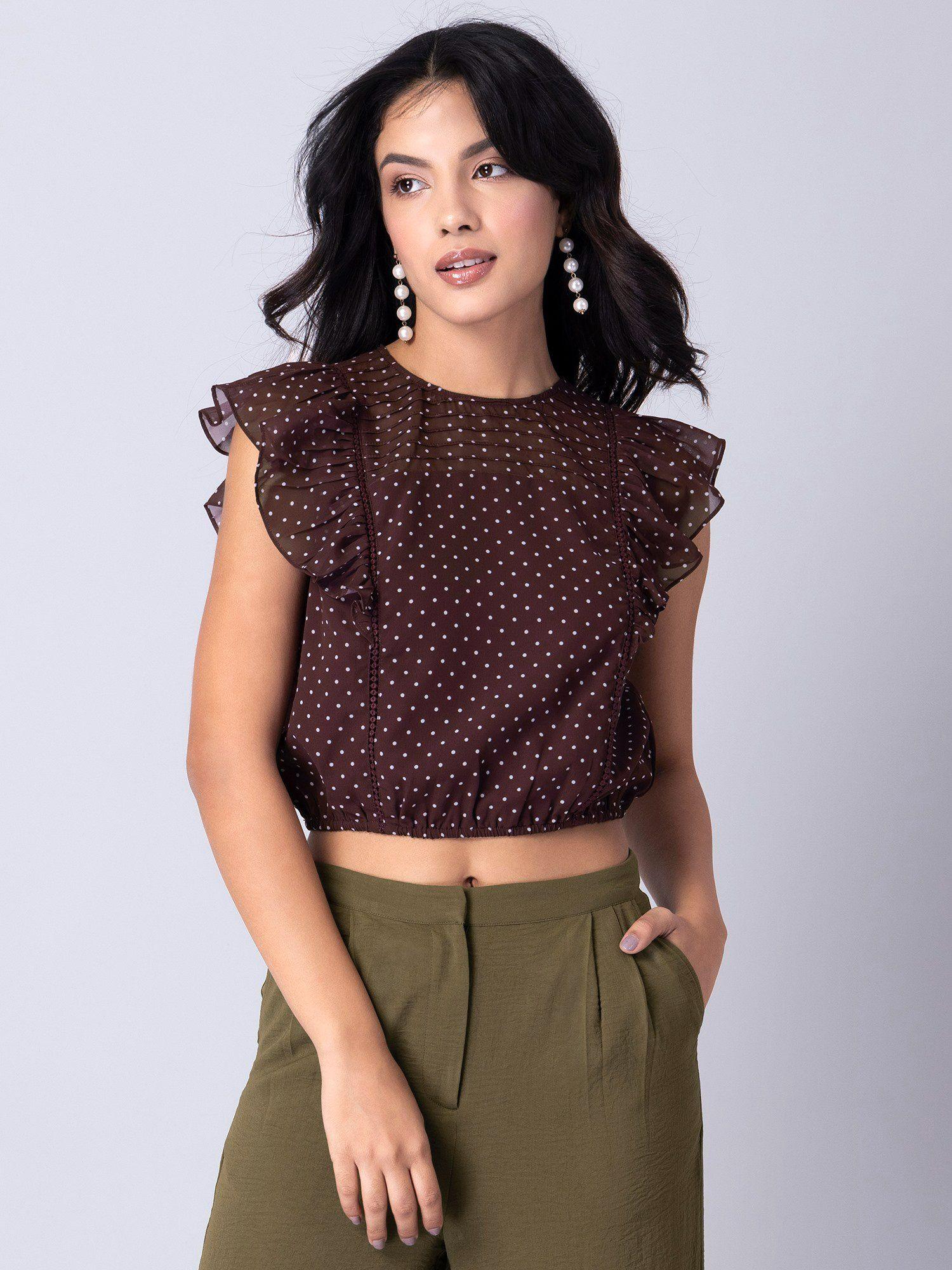 wine polka frilled sleeve crop top