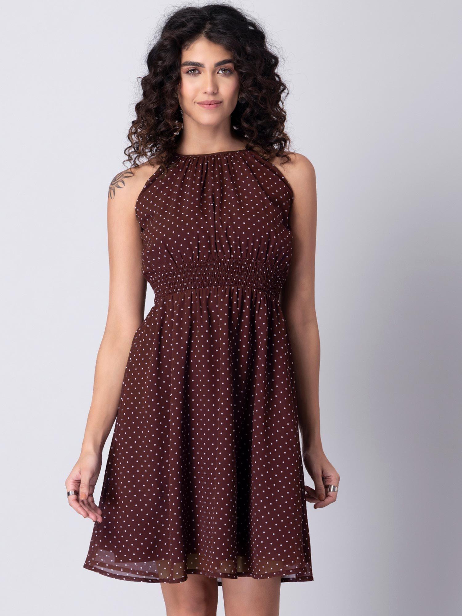 wine polka halter neck smocked dress