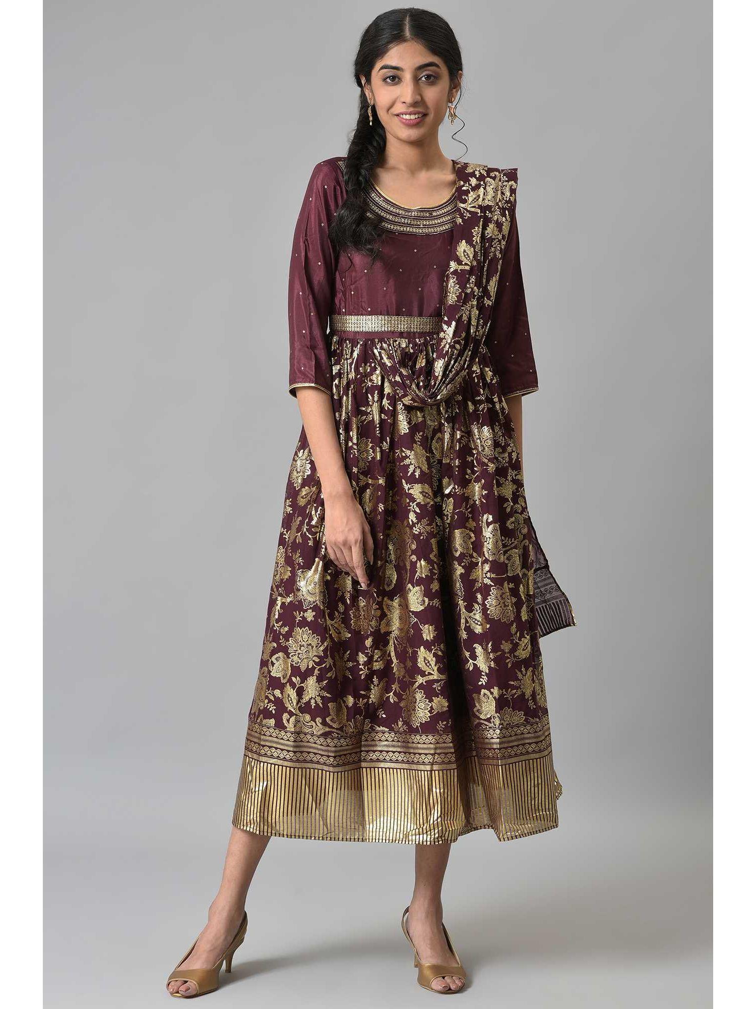 wine poly shantung printed saree dress