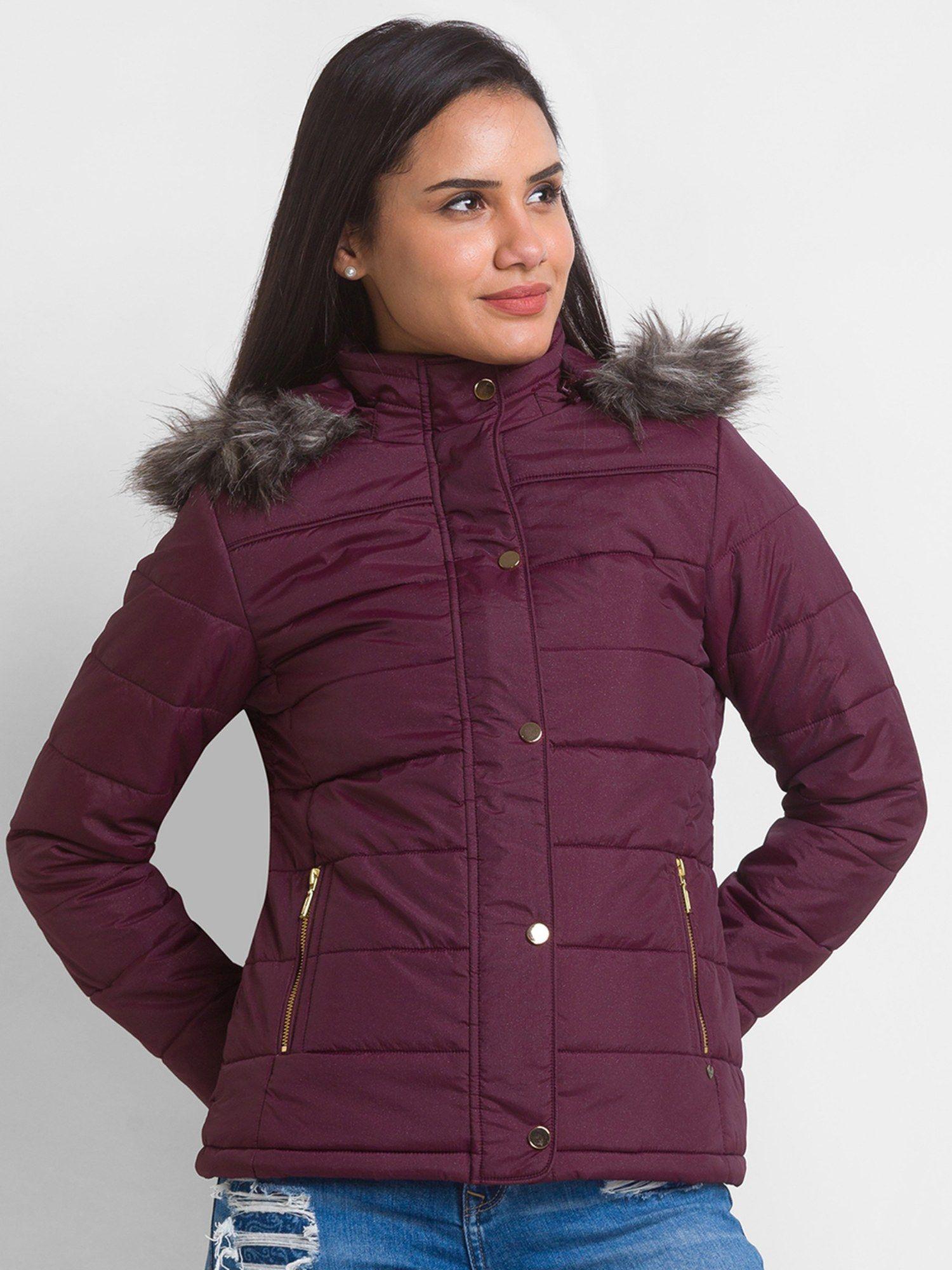 wine polyester full sleeve casual jacket for women