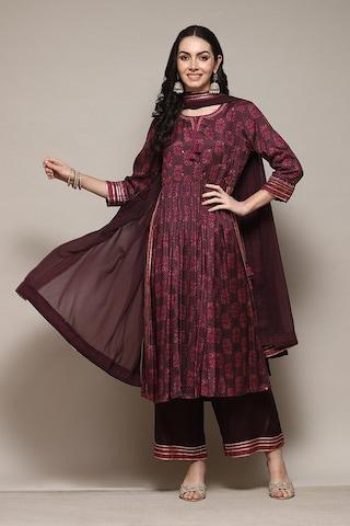 wine print casual 3/4th sleeves round neck women gathered fit palazzo kurta dupatta set