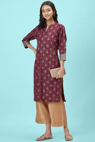 wine print ethnic mandarin 3/4th sleeves calf-length women regular fit kurta