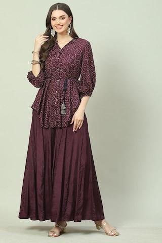 wine printed casual 3/4th sleeves v neck women straight fit tunic