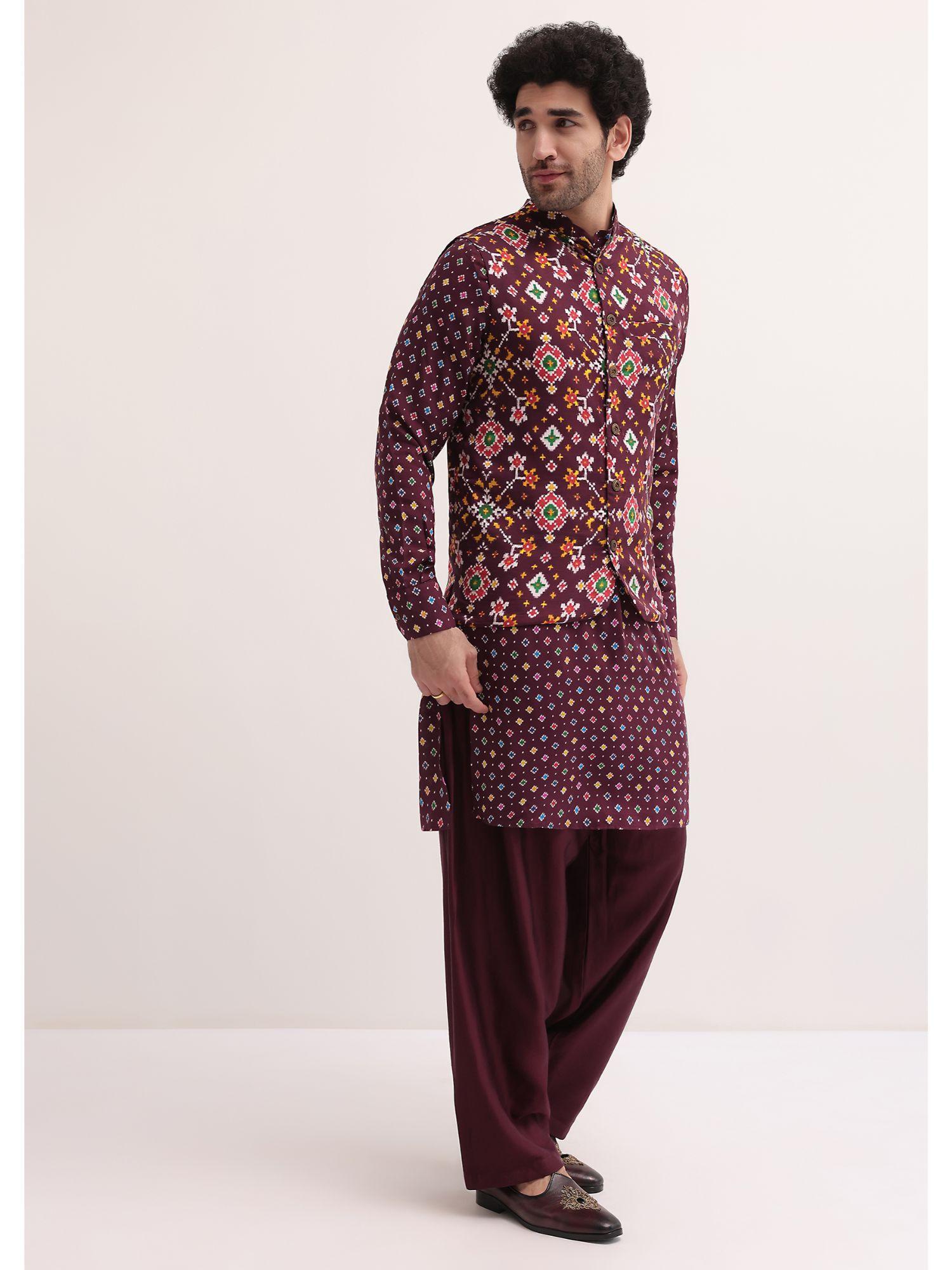 wine printed kurta and jacket with patiala salwar (set of 3)