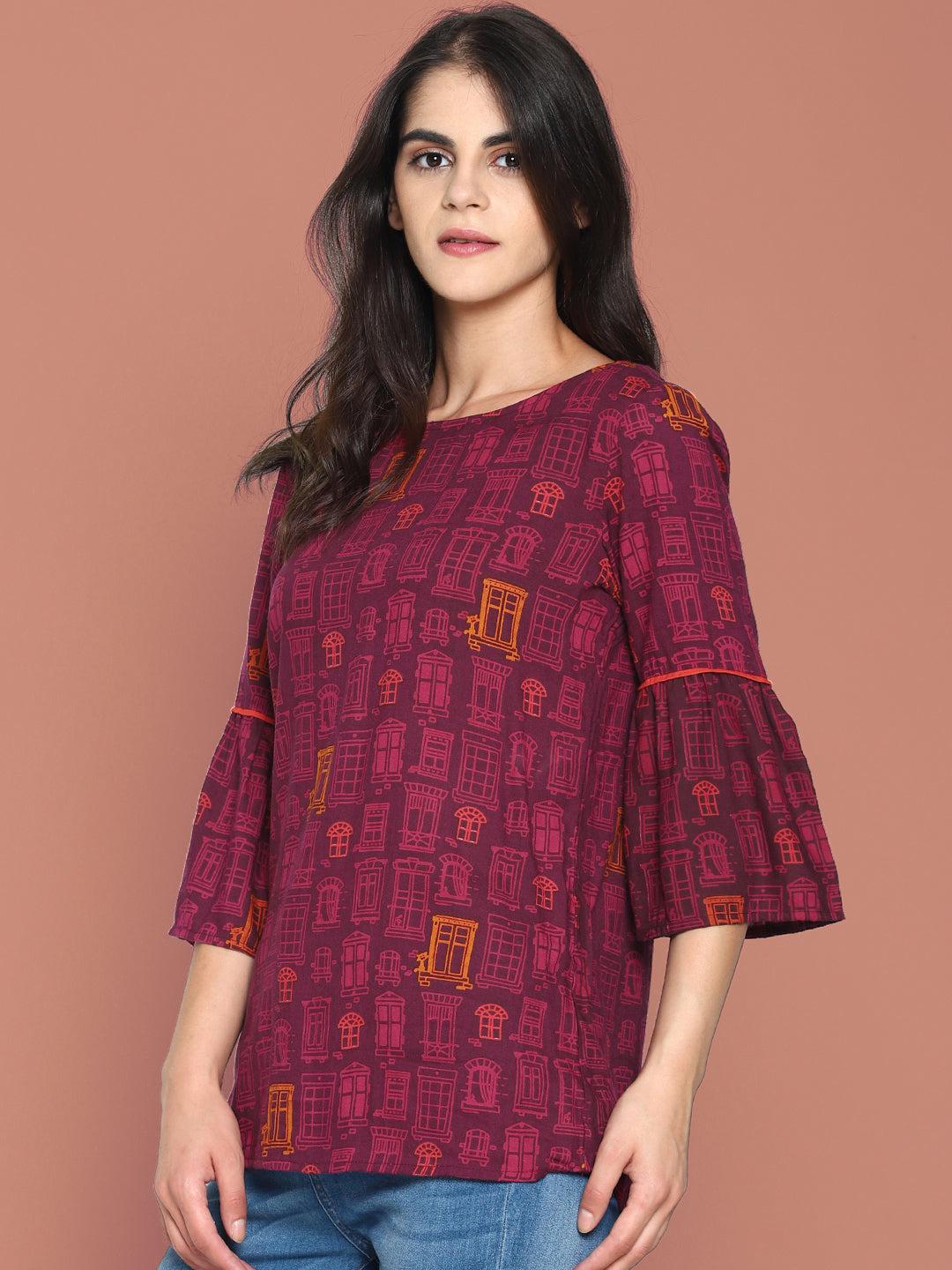 wine printed top with ruffled sleeves