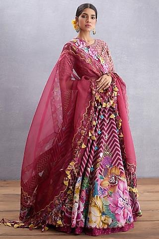 wine pure cotton silk & handwoven chanderi printed lehenga set