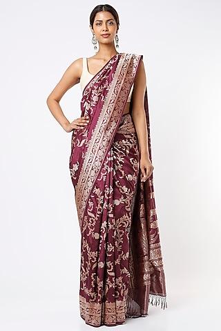 wine pure handloom banarasi silk zari floral motif saree set