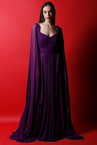 wine purple georgette & applique lace gown