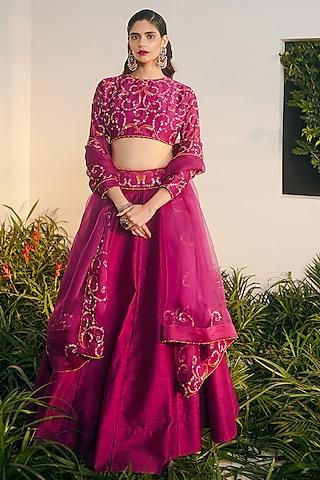 wine raw silk embroidered lehenga set