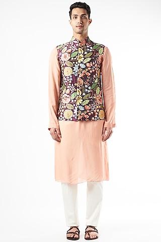 wine raw silk floral nehru jacket