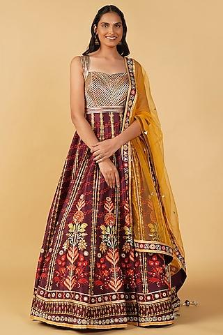 wine raw silk hand printed & embroidered anarkali set