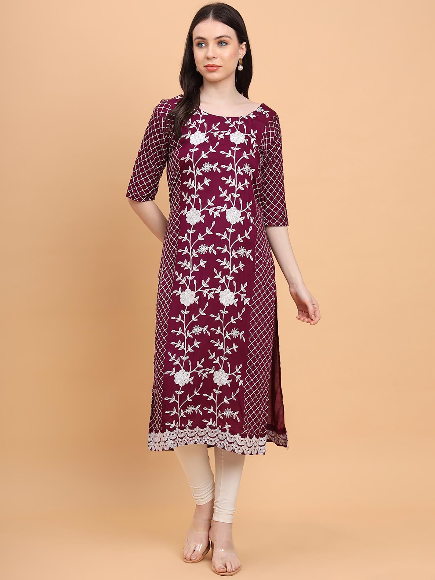 wine rayon lucknowi chikankari work straight kurta