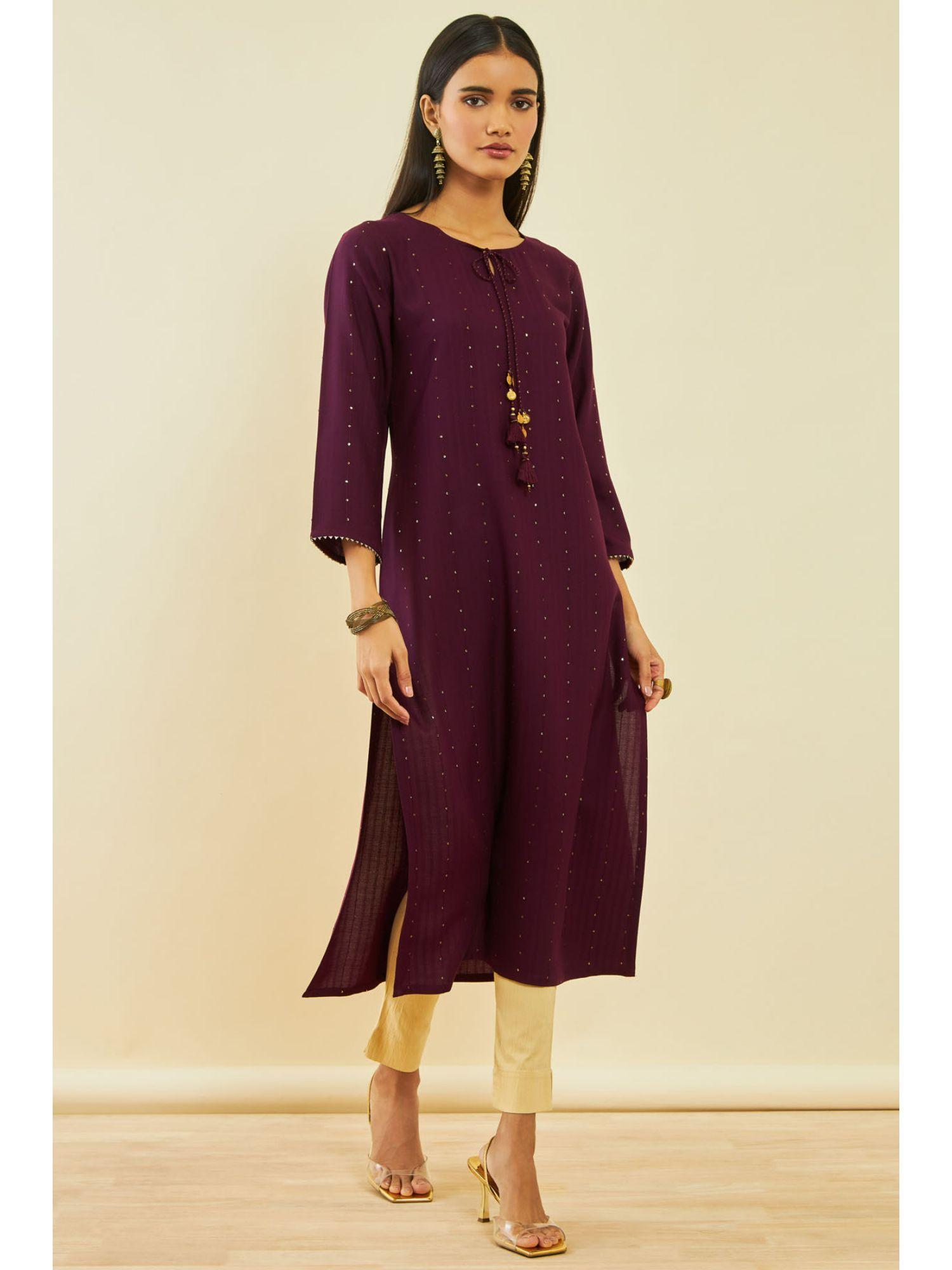 wine rayon sequins kurta with tassels