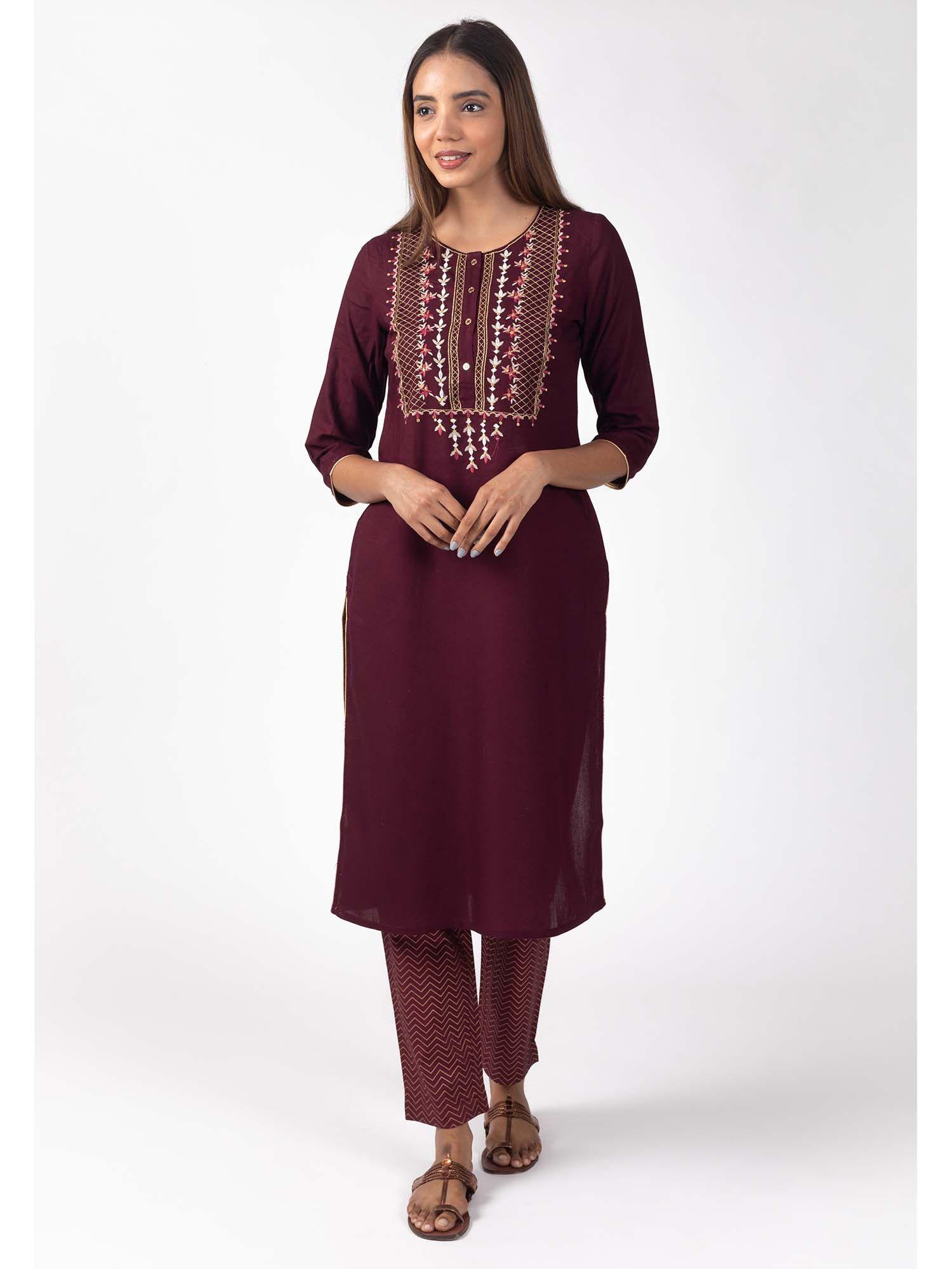 wine rayon solid kurti with embroidered yoke