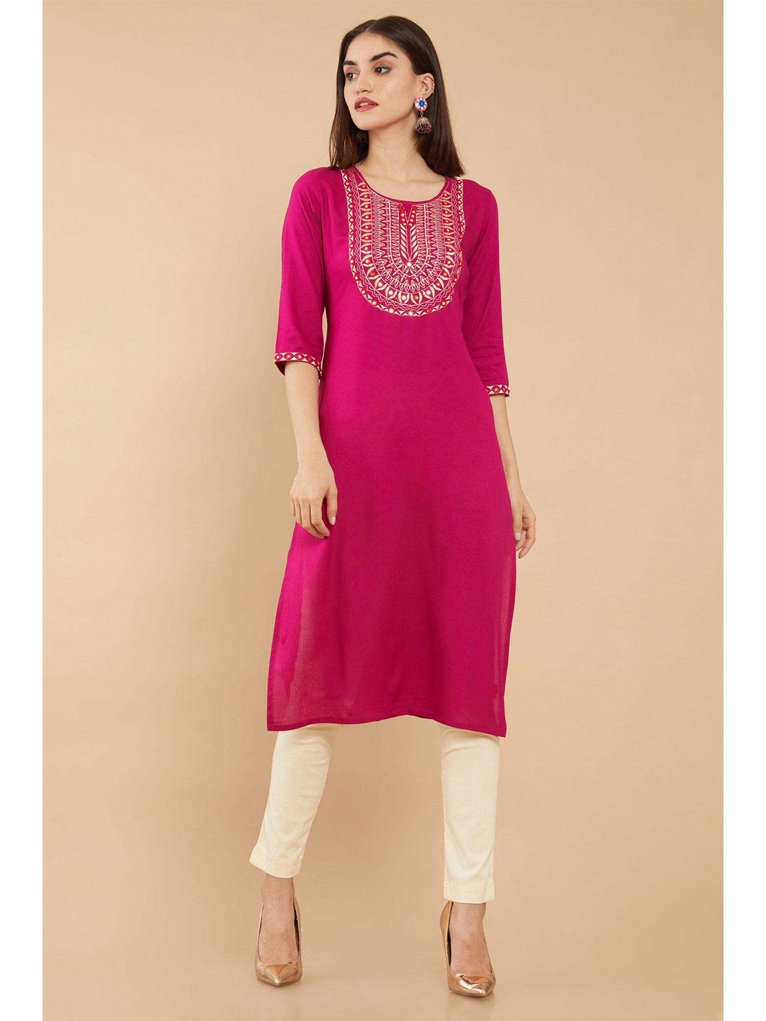 wine rayon straight embroidered kurti