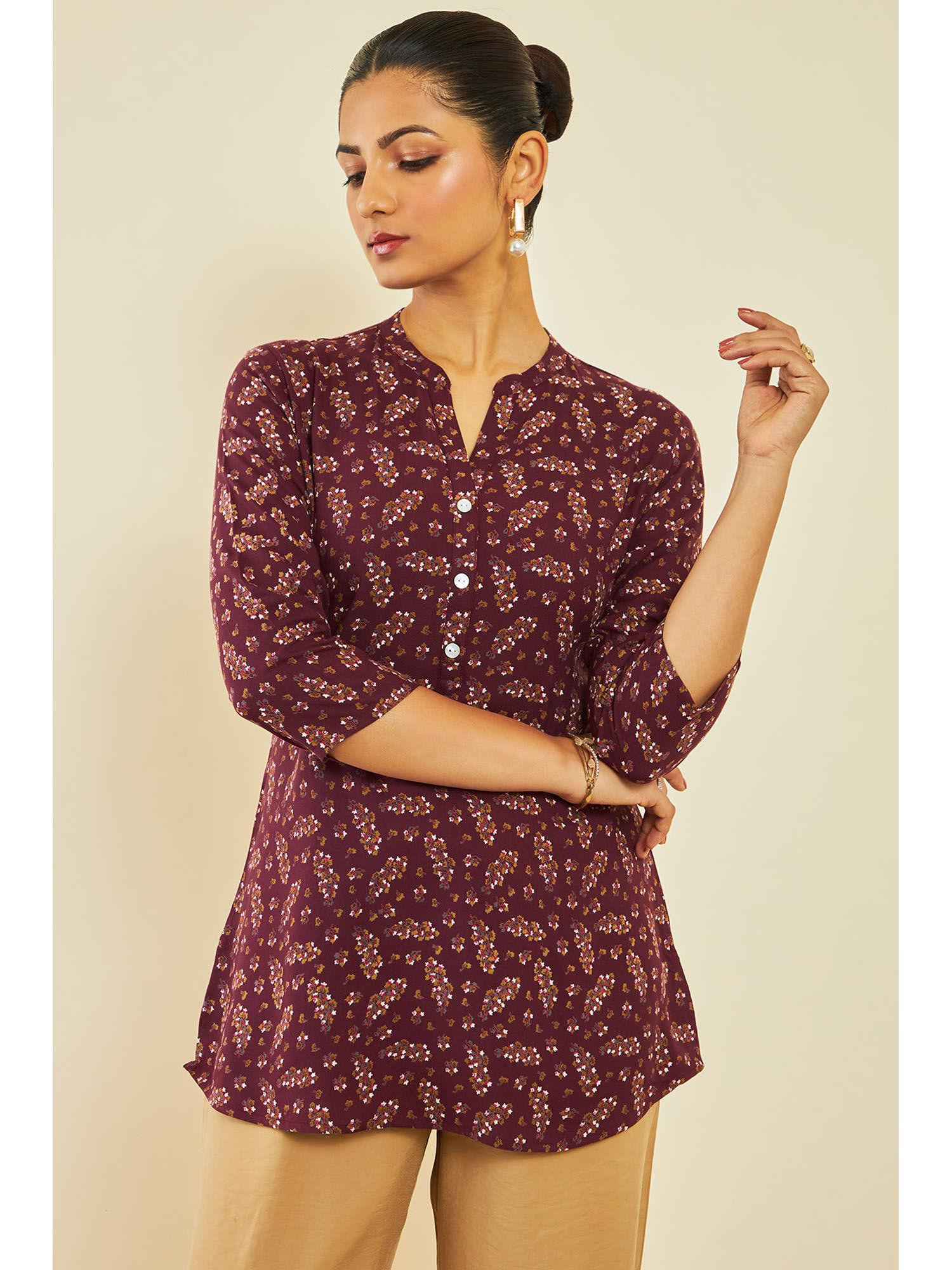 wine rayon tunic with floral and paisley print